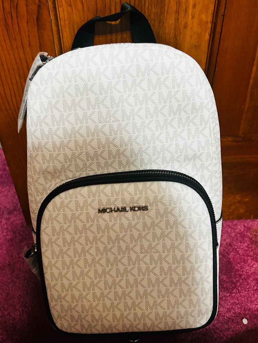 Michael Kors White Logo Monogram Compact Backpack with Black Trim